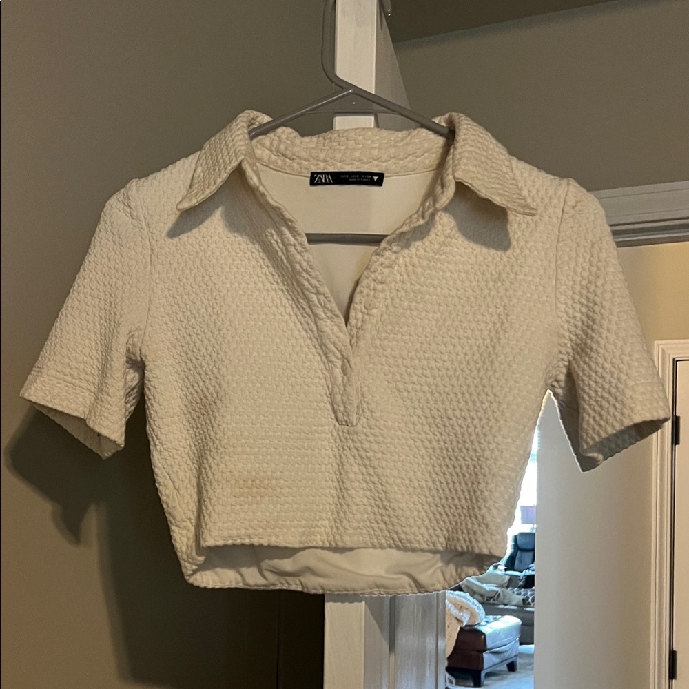 Zara Cream Textured Collared Crop Top